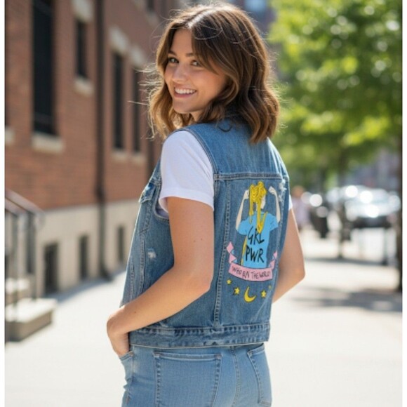 Abercrombie & Fitch Size L Denim Vest Custom "Girl Power" Sequins Distressed - Picture 2 of 13